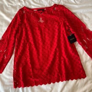 Rafaella Red Crocheted Lace Top NWT Three Quarter Sleeve w/ tank top lining | M